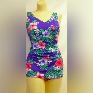 12C/36 draped sheath Roxanne swimsuit purple floral e16009